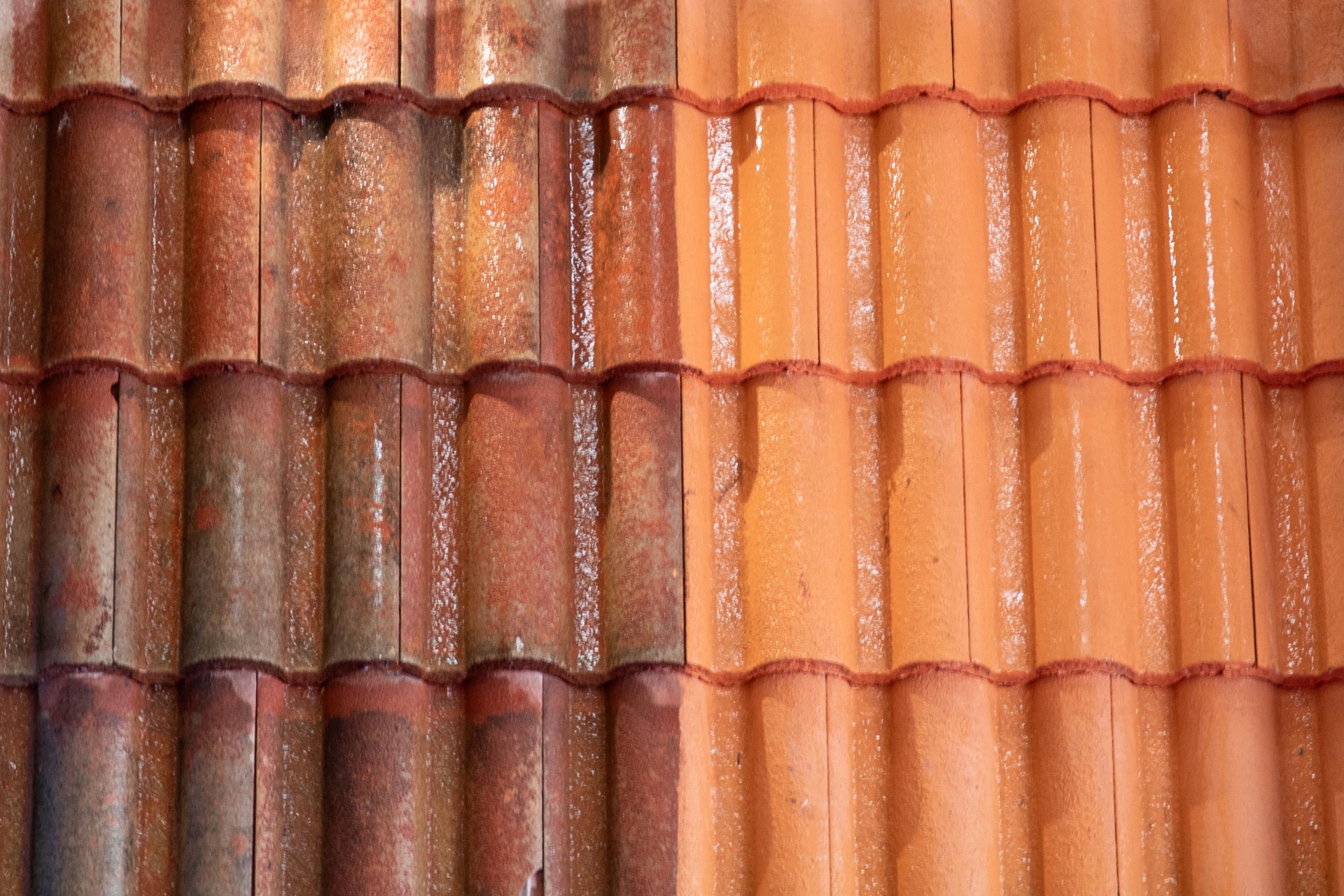 comparison roof top before and after cleaning moss lichen with industrial high pressure water cleaner tiles